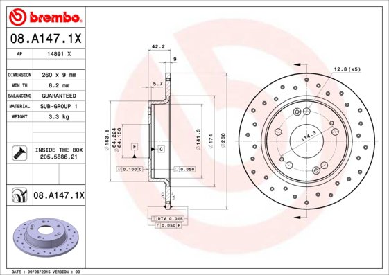 BREMBO brzdový kotúč 08.A147.1X, súprava 2 ks