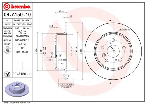 BREMBO brzdový kotúč 08.A150.11, sada 2 ks