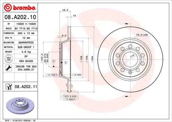 BREMBO Kotúč bŕzd OC2/SUP2 286 ZADNÍ 08.A202.11, súprava 2 ks