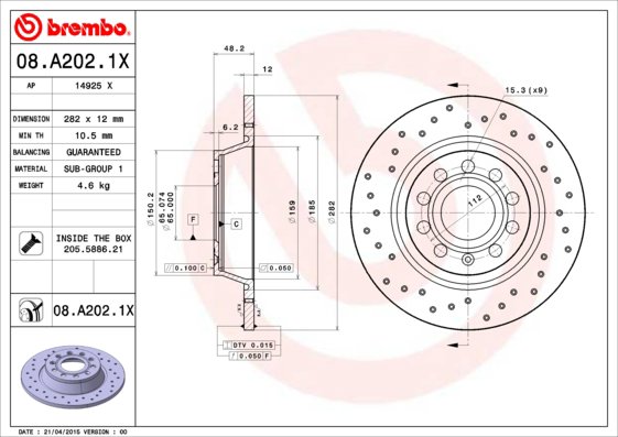 BREMBO brzdový kotúč 08.A202.1X, sada 2 ks