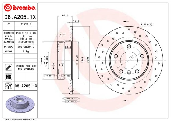 BREMBO brzdový kotúč 08.A205.1X, sada 2 ks
