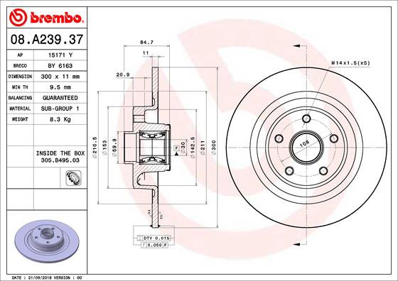 BREMBO brzdový kotúč 08.A239.37, sada 2 ks