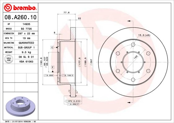 BREMBO brzdový kotúč 08.A260.10, sada 2 ks