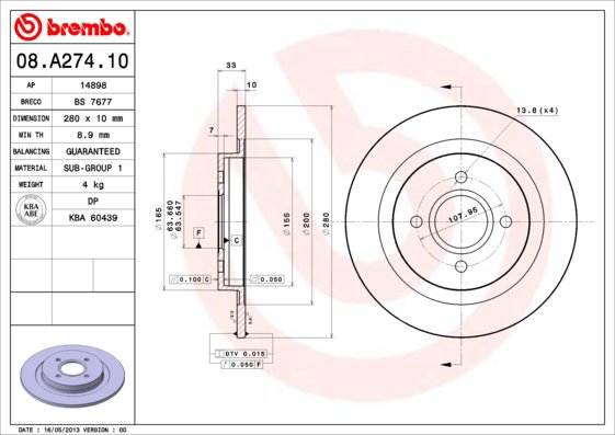 BREMBO brzdový kotúč 08.A274.10, súprava 2 ks