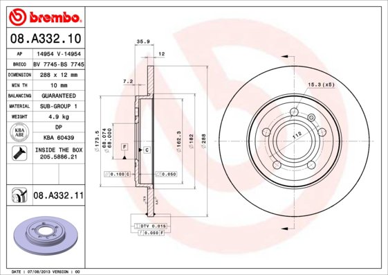 BREMBO brzdový kotúč 08.A332.11, súprava 2 ks