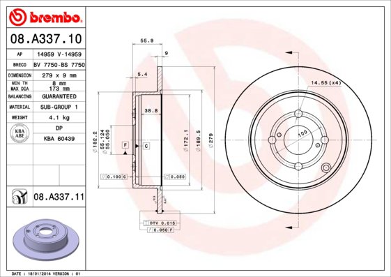 BREMBO brzdový kotúč 08.A337.11, sada 2 ks