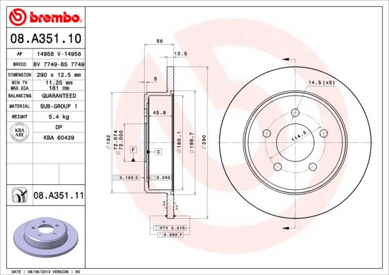 BREMBO brzdový kotúč 08.A351.11, sada 2 ks
