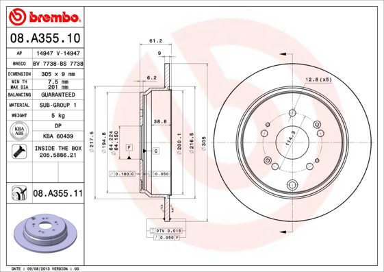 BREMBO brzdový kotúč 08.A355.11, sada 2 ks