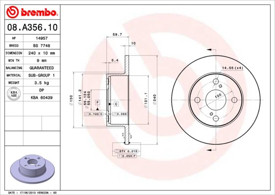 BREMBO brzdový kotúč 08.A356.10, sada 2 ks