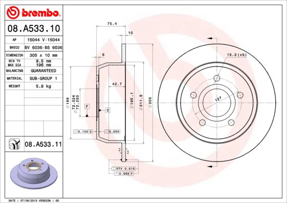 BREMBO brzdový kotúč 08.A533.11, súprava 2 ks