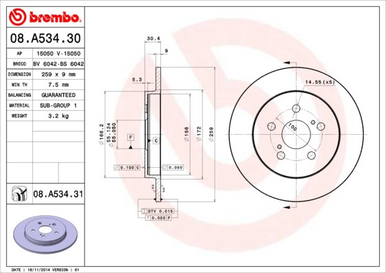 BREMBO brzdový kotúč 08.A534.31, sada 2 ks