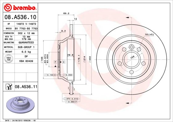 BREMBO brzdový kotúč 08.A536.11, sada 2 ks