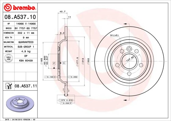 BREMBO brzdový kotúč 08.A537.11, súprava 2 ks