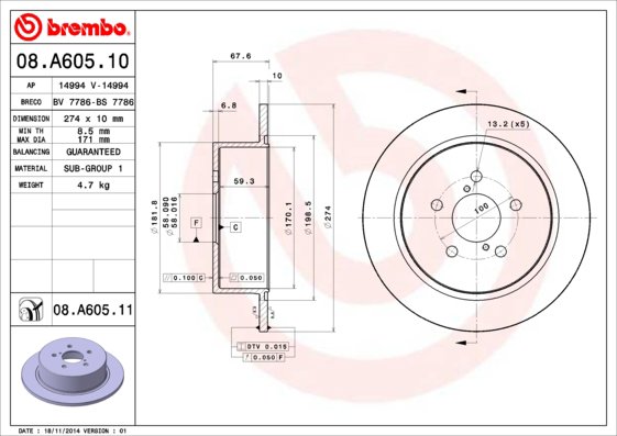 BREMBO brzdový kotúč 08.A605.11, súprava 2 ks