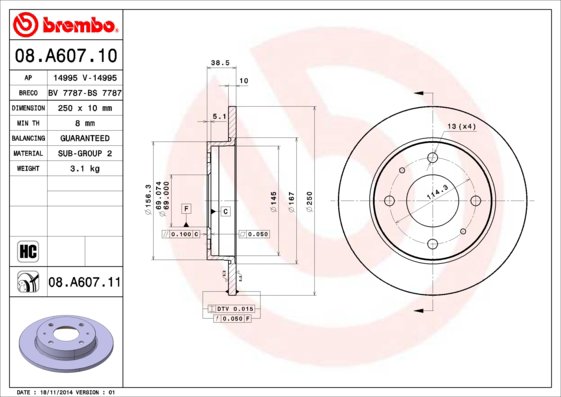 BREMBO brzdový kotúč 08.A607.11, súprava 2 ks