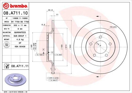 BREMBO brzdový kotúč 08.A711.11, sada 2 ks