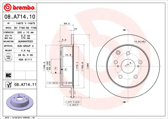 BREMBO brzdový kotúč 08.A714.11, sada 2 ks