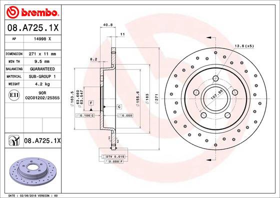 BREMBO brzdový kotúč 08.A725.1X, sada 2 ks