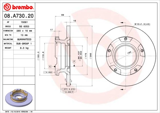 BREMBO brzdový kotúč 08.A730.20, súprava 2 ks