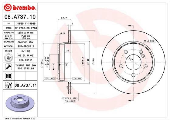 BREMBO brzdový kotúč 08.A737.11, súprava 2 ks