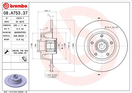 BREMBO brzdový kotúč 08.A753.37, súprava 2 ks