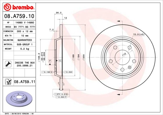 BREMBO brzdový kotúč 08.A759.11, súprava 2 ks