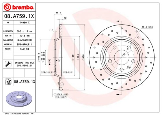 BREMBO brzdový kotúč 08.A759.1X, súprava 2 ks
