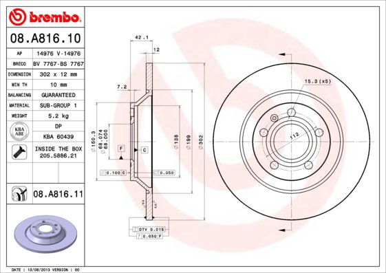 BREMBO brzdový kotúč 08.A816.11, súprava 2 ks