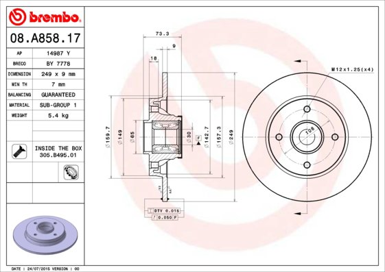 BREMBO brzdový kotúč 08.A858.17, sada 2 ks