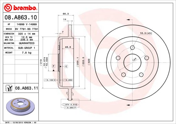 BREMBO brzdový kotúč 08.A863.11, sada 2 ks