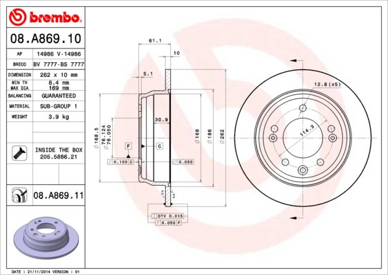 BREMBO brzdový kotúč 08.A869.11, súprava 2 ks