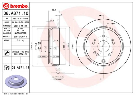 BREMBO brzdový kotúč 08.A871.11, súprava 2 ks