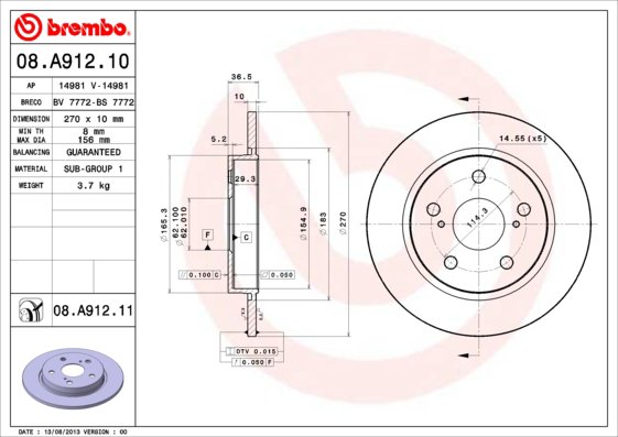 BREMBO brzdový kotúč 08.A912.11, súprava 2 ks