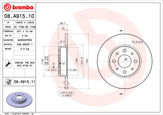 BREMBO brzdový kotúč 08.A915.11, súprava 2 ks