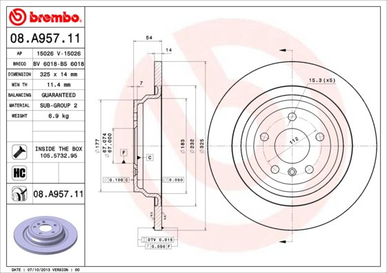 BREMBO brzdový kotúč 08.A957.11, súprava 2 ks