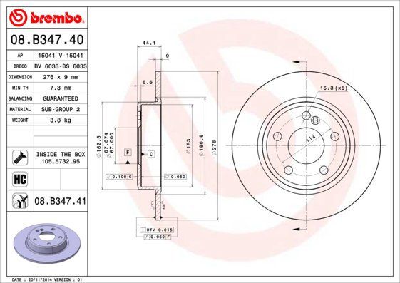 BREMBO brzdový kotúč 08.B347.41, sada 2 ks