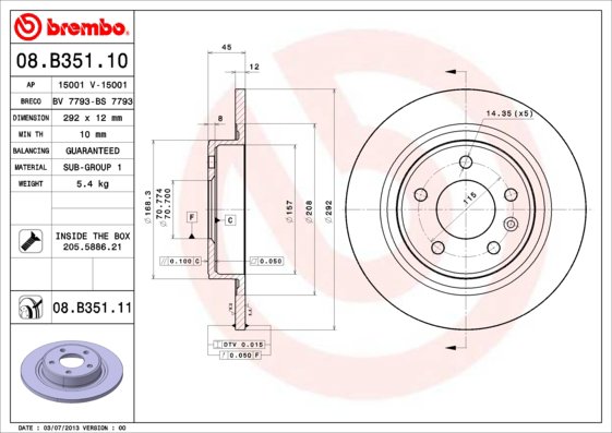 BREMBO brzdový kotúč 08.B351.11, sada 2 ks