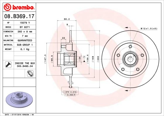 BREMBO brzdový kotúč 08.B369.17, sada 2 ks