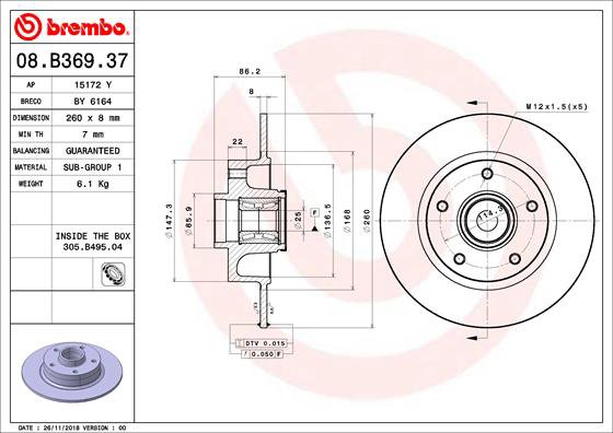 BREMBO brzdový kotúč 08.B369.37, súprava 2 ks