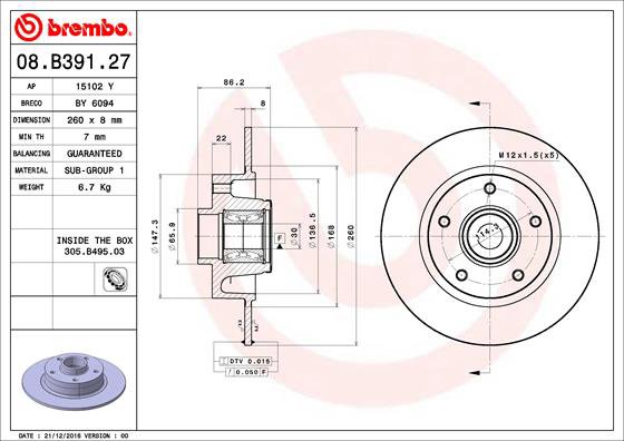 BREMBO brzdový kotúč 08.B391.27, sada 2 ks
