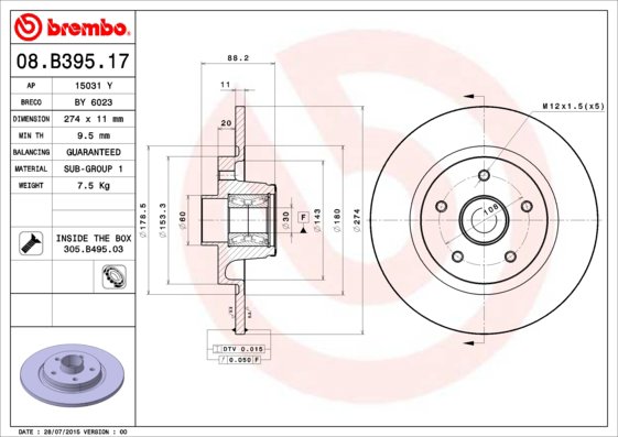 BREMBO brzdový kotúč 08.B395.17, súprava 2 ks