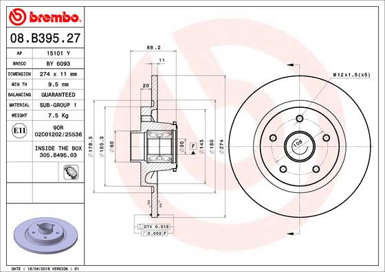 BREMBO brzdový kotúč 08.B395.27, súprava 2 ks