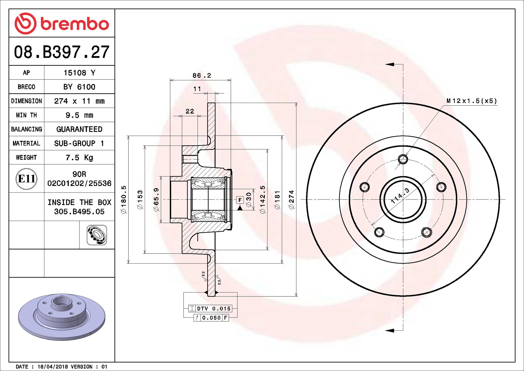 BREMBO brzdový kotúč 08.B397.27, súprava 2 ks