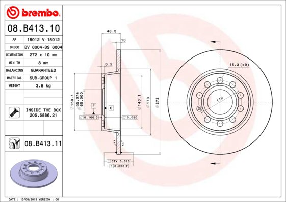 BREMBO brzdový kotúč OC2 272 ZADNÝ 08.B413.11, súprava 2 ks
