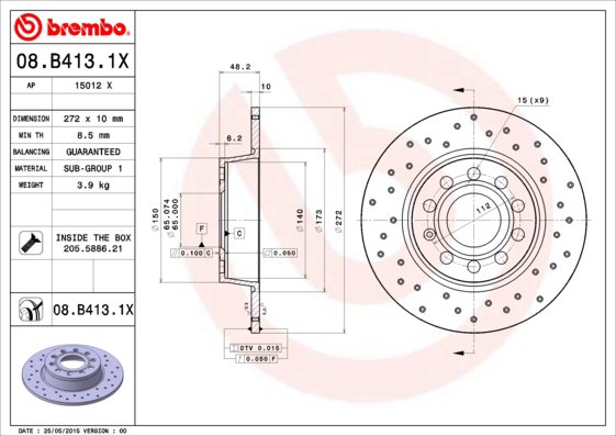 BREMBO brzdový kotúč 08.B413.1X, súprava 2 ks