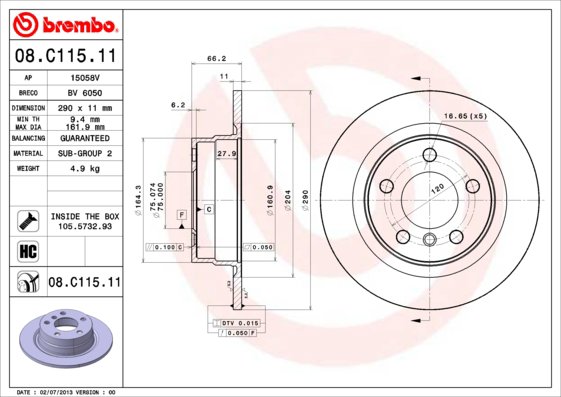BREMBO brzdový kotúč 08.C115.11, sada 2 ks