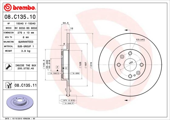 BREMBO brzdový kotúč 08.C135.11, sada 2 ks
