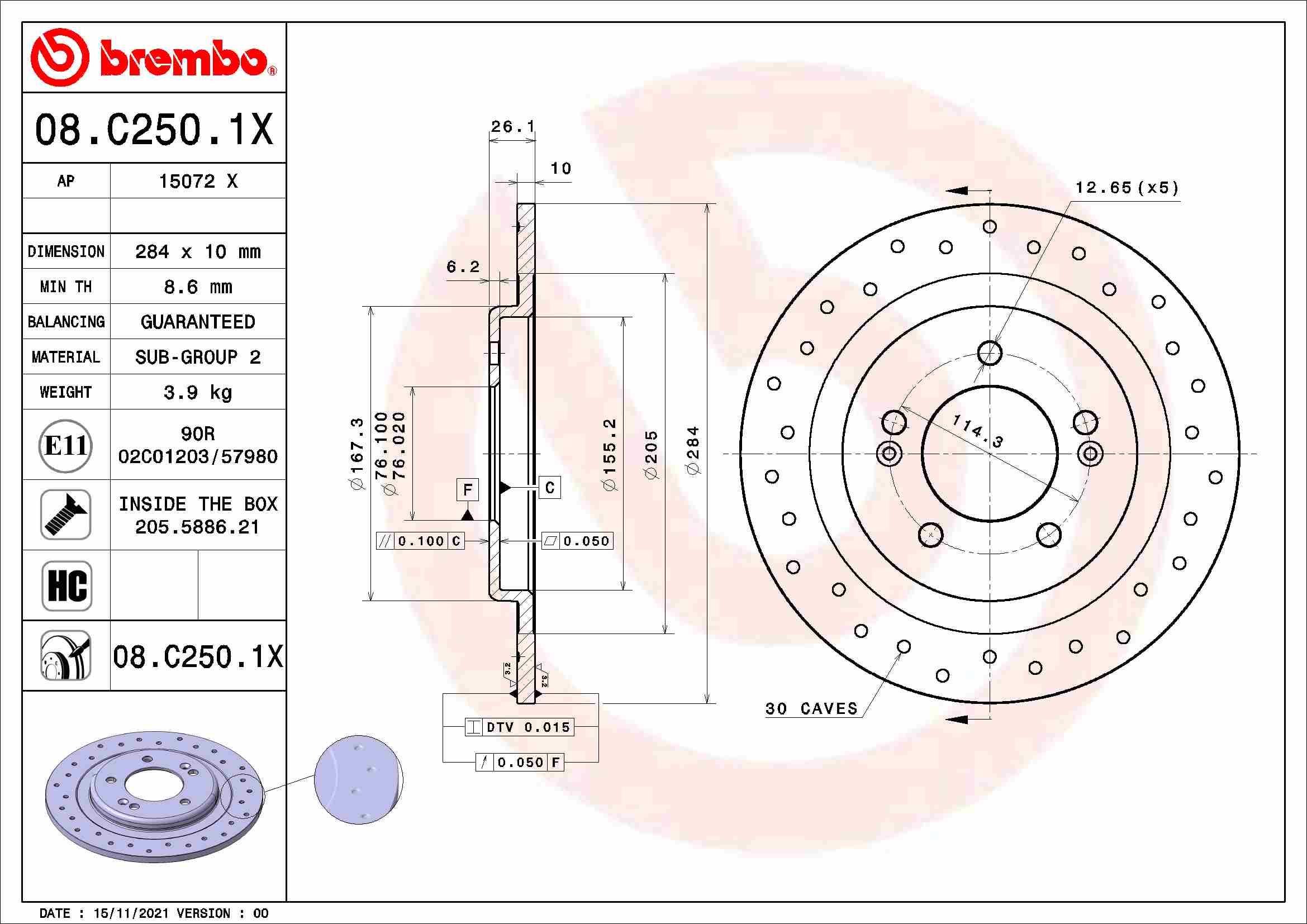 BREMBO brzdový kotúč 08.C250.1X, súprava 2 ks