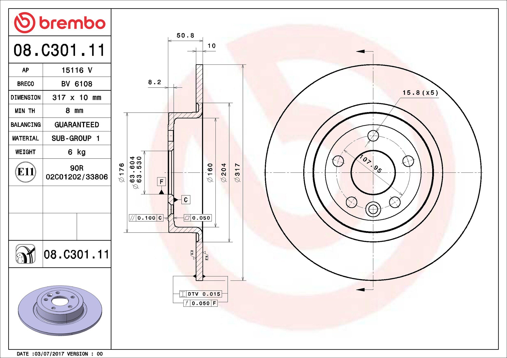 BREMBO brzdový kotúč 08.C301.11, sada 2 ks