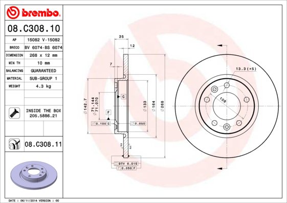 BREMBO brzdový kotúč 08.C308.11, súprava 2 ks